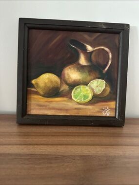 Rustic Still Life Painting with Green & Brown Tones 9.5” x 9